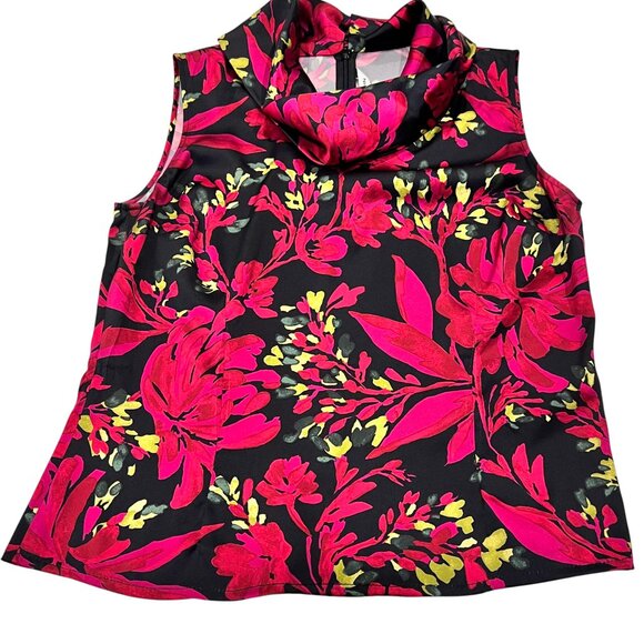 St John Floral Silk Cowl Neck Sleeveless Top, Black Magenta Green, 8/10 - Picture 8 of 8